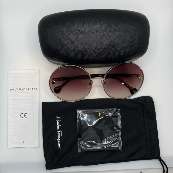 NWOT Salvatore Ferragamo Wine Round Sunglasses SF189S 742 Gold/Wine - Picture 7 of 13